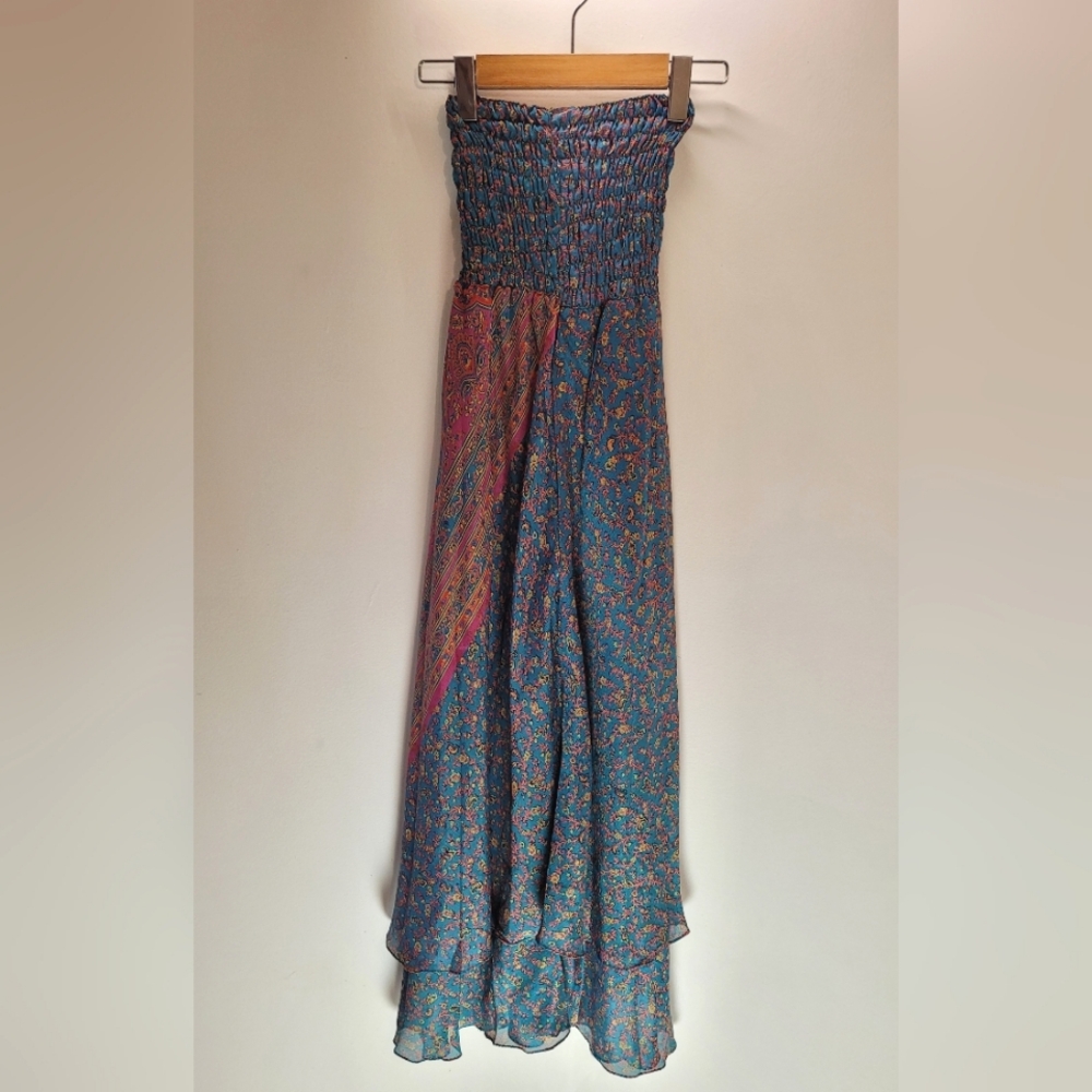 100% Silk Boho Maxi Strapless Tube Dress- Size Xs